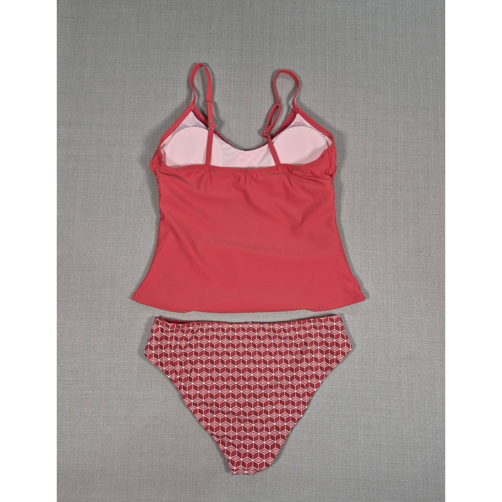 Cupshe Red Ruched Tankini Set‎ Mid Rise Geometric Bottoms New With Tags Large - Picture 8 of 11